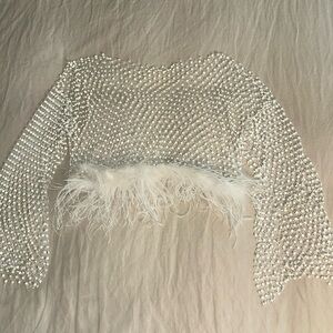 Stunning White Sparkle Net Blouse with Feathers!